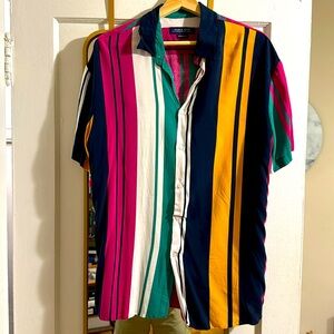 Zara Man Relaxed Fit Short Sleeved Button Shirt - Multicolored Vertical Stripes